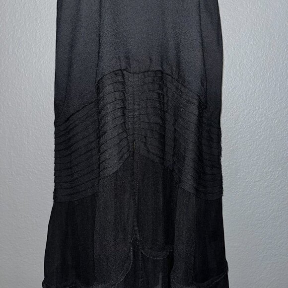 AURA Black Tiered Boho Maxi Dress with Deep V Neck Sheer Ruffled Skirt EUC -  L - Picture 4 of 14